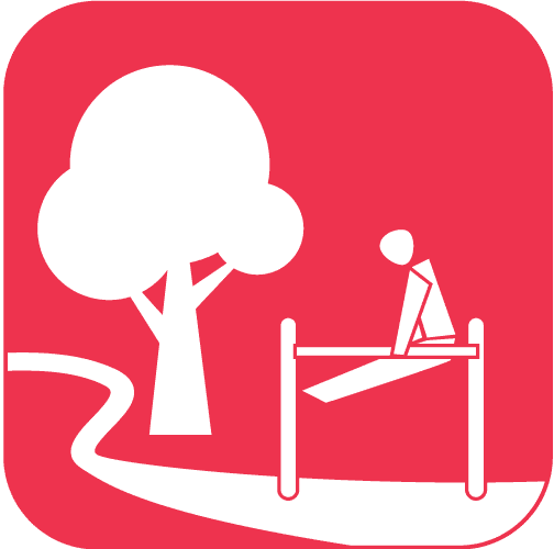 Minimalistische weiße Silhouette einer Person an einem Outdoor-Fitnessgerät neben einem Baum und einem Weg auf rotem Hintergrund.